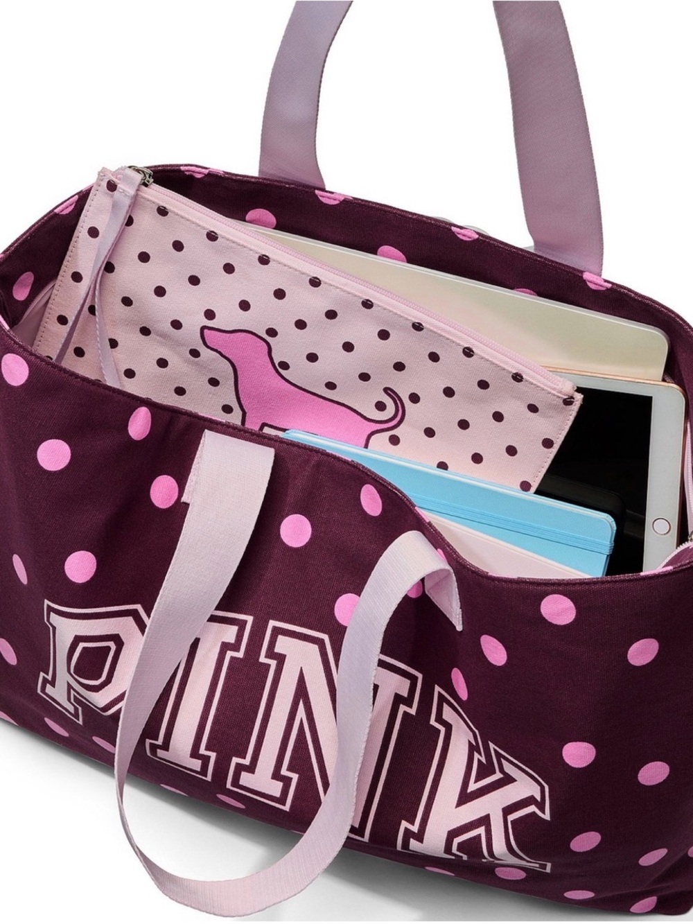 Brand new pink  Victoria's Secret Plum Tote with Pink Polka Dots and Matching Po